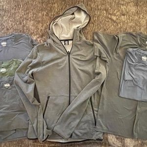 REI athletic zip-up hoody, 3 long sleeve t-shirts, and 2 t-shirts